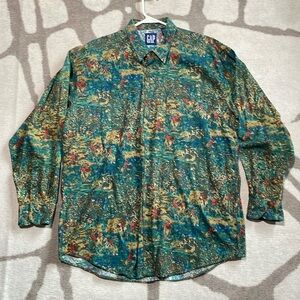 Vintage GAP Hunting Print L Button Down T-Shirt 100% Cotton Made in Hong Kong